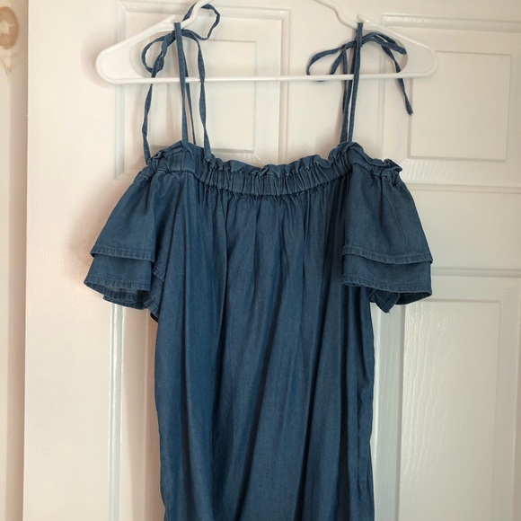 Ann Taylor Loft spring summer top off the shoulder blue chambray denim blouse XS - Picture 6 of 11